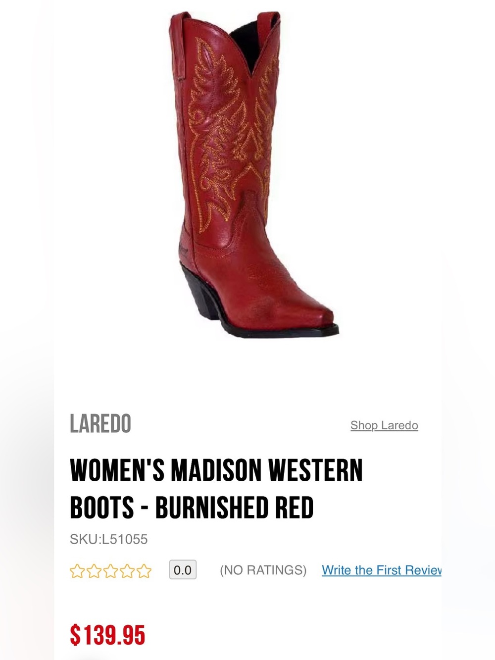 Laredo Women's Madison Western Boots - Red with Gold Stitching